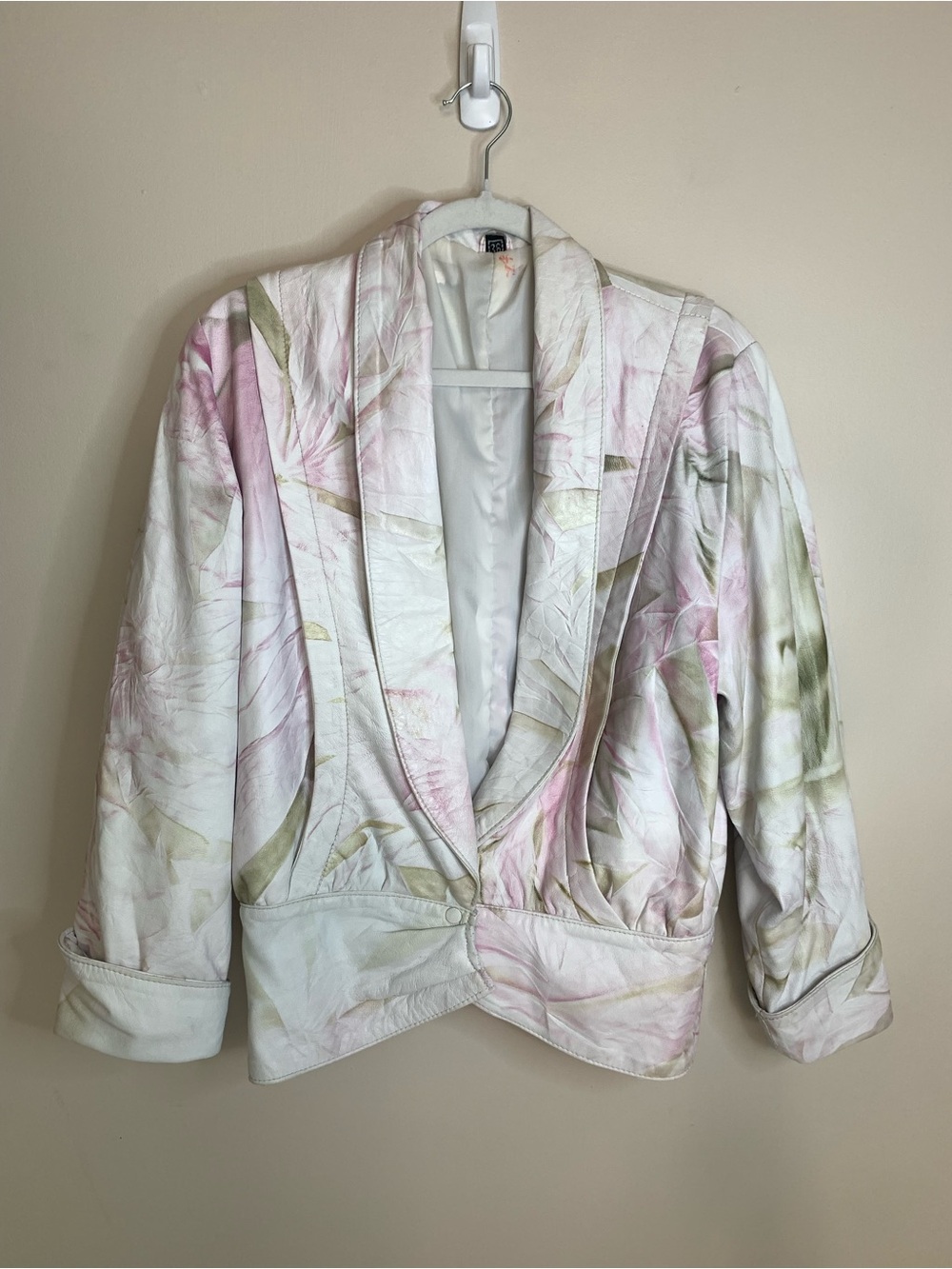 Vintage Light Pink & White Floral Leather Jacket